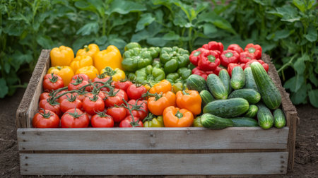 A vibrant assortment of homegrown vegetables, including tomatoes, bell peppers, and cucumbers, neatly arranged in a rustic wooden crate.の素材