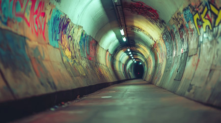 An artistic perspective of the long, curved walls of a subway tunnel, featuring graffiti art and vibrant colors, showcasing urban creativity and culture.の素材