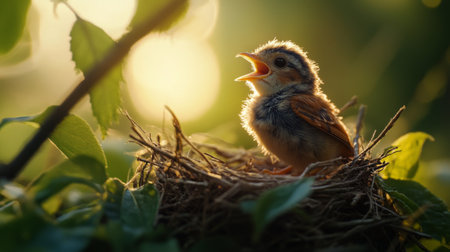 An enchanting shot of a baby bird chirping from its nest at dawn, with soft morning light illuminating its delicate features, evoking a sense of new beginnings.の素材
