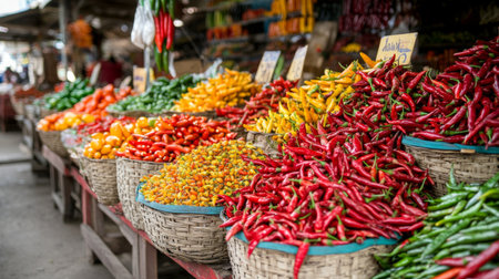 A vibrant market stall overflowing with different types of chili peppers, from mild to fiery hot, attracting food lovers with its colorful display of spices.の素材