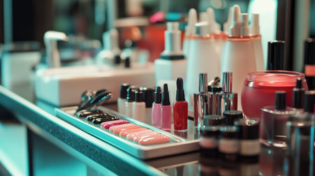 An inviting image of a beauty salon's nail station, featuring various nail polish shades and tools, with a focus on the luxurious environment and pampering experience.の素材