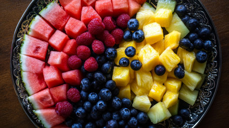 An artistic overhead shot of a beautifully arranged fruit salad platter, featuring a variety of fruits like blueberries, pineapple, and watermelon, perfect for a summer gathering.の素材