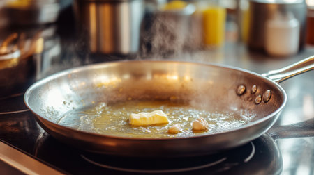 An inviting shot of a hot skillet with melted butter and garlic sizzling, perfect for preparing delicious dishes, set against a bright kitchen backdrop.の素材