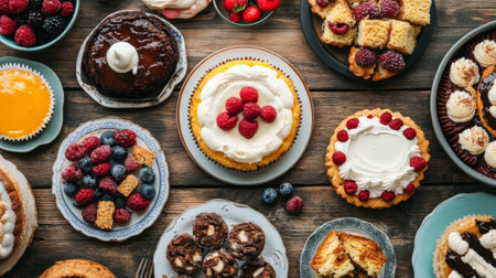 A vibrant flat lay of popular desserts made with condensed milk, including cakes, puddings, and sweet treats, beautifully arranged on a rustic wooden table.の素材