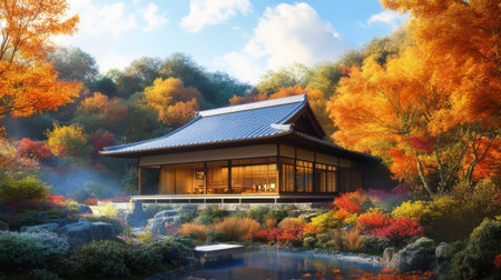 An artistic view of a Japanese house in the autumn, surrounded by colorful maple trees, capturing the seasonal beauty and serene atmosphere of traditional livingの素材
