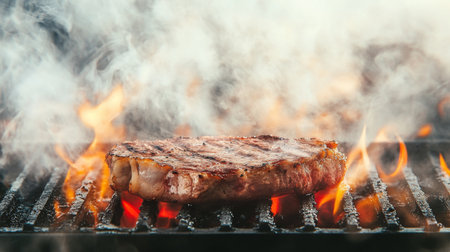 A vibrant scene of a steak sizzling on a hot grill, with flames and smoke creating a dramatic effect against a bright white background, emphasizing the cooking processの素材