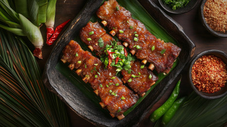 An inviting table setting featuring fried pork ribs with a garnish of green onions and chili, surrounded by traditional Thai condiments, creating a warm dining atmosphere.の素材