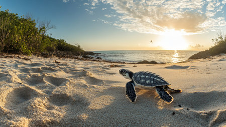 A wide-angle view of a sea turtle hatchling making its way from the nest to the ocean, with a focus on the tiny turtle against a sandy beach backdrop.の素材