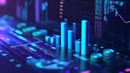 A 3D bar graph showcasing quarterly financial results, with blue and green bars rising on a sleek, modern financial dashboard with pie charts and arrowsの素材