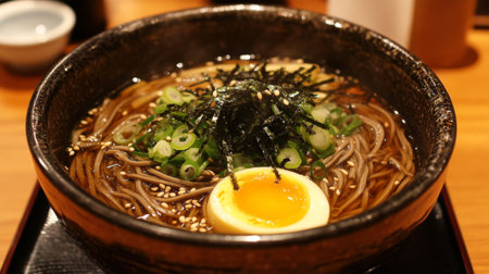 A beautifully arranged bowl of hot soba noodles topped with sliced green onions, a soft-boiled egg, and served in a savory broth, garnished with seaweed and sesame seeds.の素材