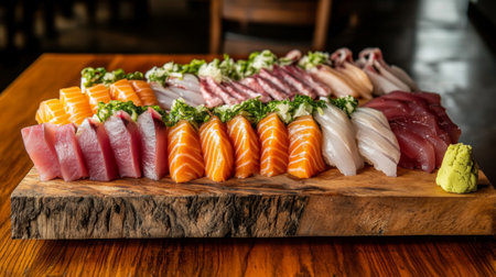 A beautifully arranged platter of fresh sashimi, featuring vibrant slices of salmon, tuna, and yellowtail, garnished with wasabi and pickled ginger on a wooden board.の素材