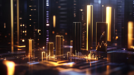 A 3D bar graph depicting annual revenue growth, with gold and silver bars on a dark background, illuminated by futuristic lights and financial icons representing key performance indicatorsの素材