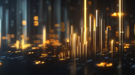 A 3D financial bar graph with gold and silver bars, rising on a dark background with floating currency symbols and glowing data labels, representing stock market performanceの素材