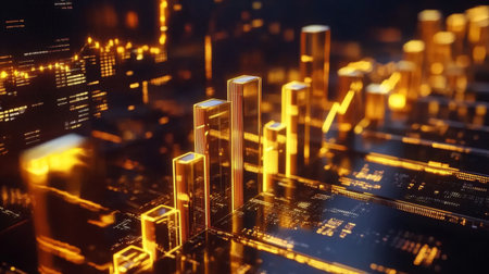 A 3D bar graph with gold bars emerging from a screen, symbolizing profit and revenue growth, with digital arrows and percentages indicating financial successの素材
