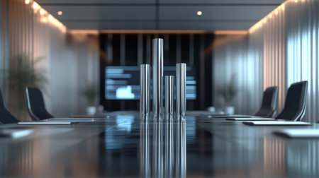 A 3D bar graph with metallic bars representing financial growth, placed in a corporate boardroom setting with professionals analyzing the data on a large screen.の素材