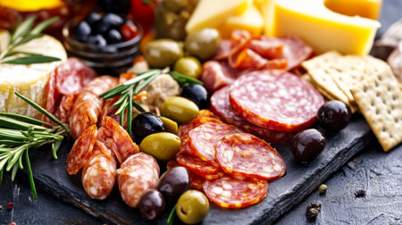 A beautifully arranged charcuterie board featuring an assortment of sausages, cheeses, olives, and crackers, perfect for entertaining and gourmet dining.の素材
