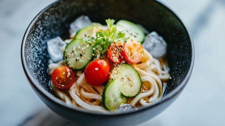 A beautifully presented bowl of cold udon noodles topped with sliced cucumbers, cherry tomatoes, and a drizzle of soy sauce, served with ice cubes in a minimalist setting.の素材