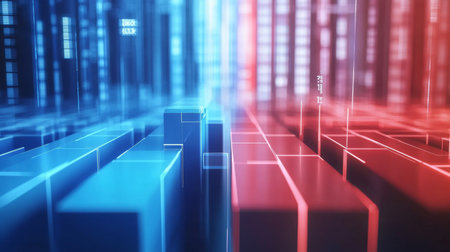 A 3D bar graph with blue and red bars, highlighting a business comparison between two competitors, with labels and numbers floating above each bar.の素材