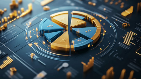 A 3D financial pie chart with gold and blue segments, showing revenue distribution across business sectors, with floating percentages and currency symbols around each slice. aの素材