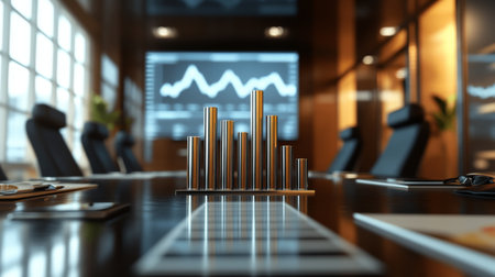 A 3D bar graph with metallic bars representing financial growth, placed in a corporate boardroom setting with professionals analyzing the data on a large screen.の素材