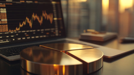 A 3D financial pie chart with metallic segments, representing market share distribution, placed on a modern desk with a laptop displaying stock charts and analytics.の素材