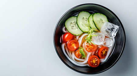 A beautifully presented bowl of cold udon noodles topped with sliced cucumbers, cherry tomatoes, and a drizzle of soy sauce, served with ice cubes in a minimalist setting.の素材