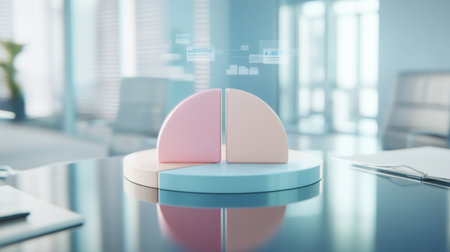 A 3D pie chart with soft pastel colors, displayed on a sleek glass table, with labels and financial statistics floating around each slice in a corporate boardroom setting.の素材