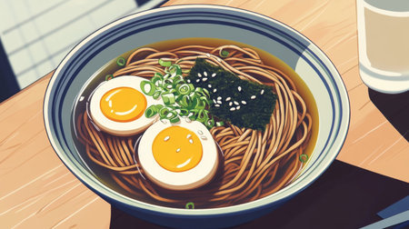 A beautifully arranged bowl of hot soba noodles topped with sliced green onions, a soft-boiled egg, and served in a savory broth, garnished with seaweed and sesame seeds.の素材