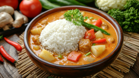 A beautifully plated dish of Massaman curry served with jasmine rice, surrounded by fresh vegetables, illustrating the rich flavors and vibrant colors of authentic Thai cuisine.の素材