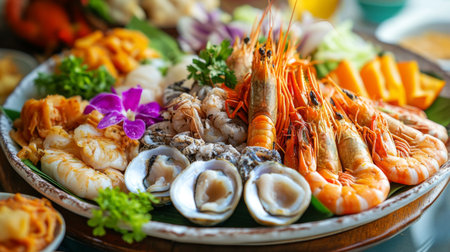 A beautifully arranged platter of featuring various seafood and colorful garnishes, set against a soft-focus background of traditional Thai decorationsの素材