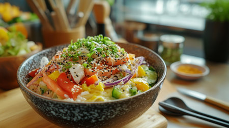A beautifully styled bowl of okonomiyaki batter mixed with colorful vegetables and seafood, ready to be cooked, placed on a wooden countertop with cooking utensils around.の素材