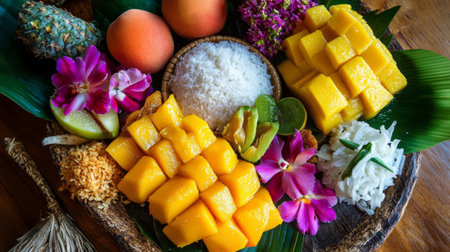 A beautifully arranged platter of traditional Thai desserts, including mango sticky rice and coconut pudding, garnished with fresh fruits and flowers, showcasing vibrant colors.の素材