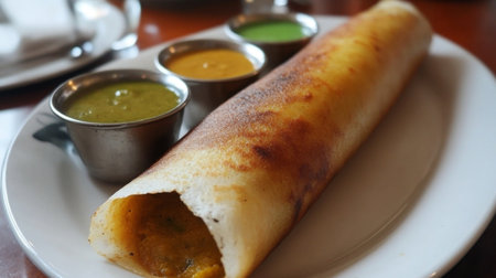 A beautifully plated dosa served golden brown and crispy, filled with spiced potato filling, accompanied by coconut chutney and sambar for a delicious Indian breakfastの素材