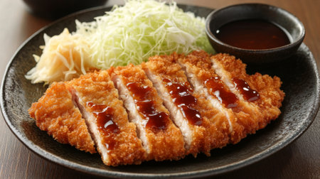 A beautifully plated serving of tonkatsu, showcasing a crispy golden-brown pork cutlet, served with shredded cabbage, a side of rice, and a small bowl of rich tonkatsu sauce.の素材