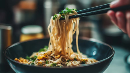 A close-up of a bowl of soba noodles being lifted with chopsticks, showcasing the delicate strands and garnished with fresh herbs, emphasizing the dish's appealing texture.の素材