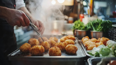 A chef preparing korokke in a bustling kitchen, expertly shaping and frying the croquettes, with delicious ingredients displayed in the background, highlighting the cooking process.の素材