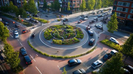A busy roundabout filled with cars and bicycles, highlighting the diverse modes of transportation and the importance of sharing road space in urban environments.の素材