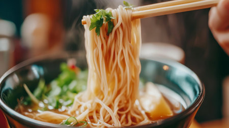 A close-up of a bowl of soba noodles being lifted with chopsticks, showcasing the delicate strands and garnished with fresh herbs, emphasizing the dish's appealing texture.の素材