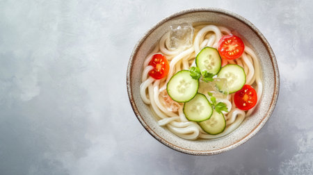 A beautifully presented bowl of cold udon noodles topped with sliced cucumbers, cherry tomatoes, and a drizzle of soy sauce, served with ice cubes in a minimalist setting.の素材
