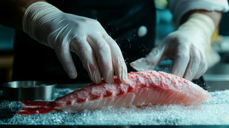 A chef expertly slicing fresh fish for sashimi preparation, showcasing the precision and artistry involved in creating this traditional Japanese dish.の素材