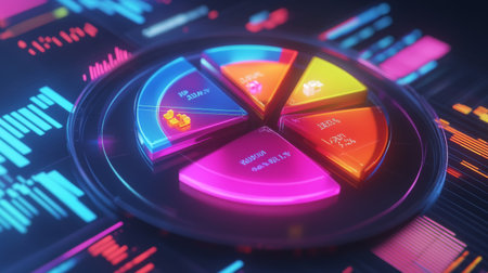 A close-up of a 3D pie chart with neon-colored slices, showing revenue distribution in different sectors, with floating data points and a futuristic financial interface.の素材