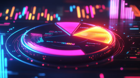 A close-up of a 3D pie chart with neon-colored slices, showing revenue distribution in different sectors, with floating data points and a futuristic financial interface.の素材