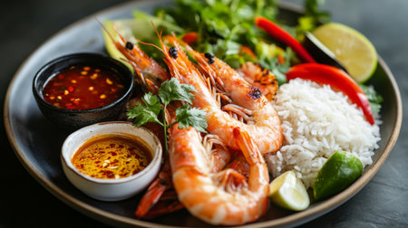 A beautifully arranged plate of grilled shrimp with a side of jasmine rice and dipping sauces, garnished with colorful vegetables and herbs, perfect for a gourmet meal.の素材