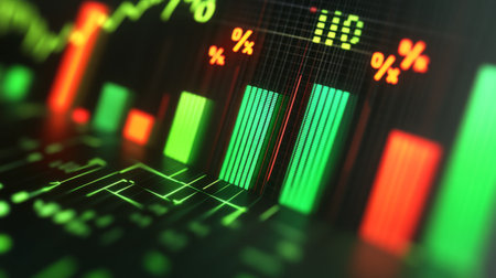 A close-up of a 3D bar graph with green and red bars, illustrating financial growth and decline, with percentages floating above each bar and a stock ticker in the background.の素材