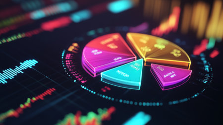 A close-up of a 3D pie chart with neon-colored slices, showing revenue distribution in different sectors, with floating data points and a futuristic financial interface.の素材