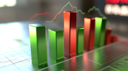 A close-up of a 3D bar graph with green and red bars, illustrating financial growth and decline, with percentages floating above each bar and a stock ticker in the background.の素材