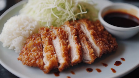 A beautifully plated serving of tonkatsu, showcasing a crispy golden-brown pork cutlet, served with shredded cabbage, a side of rice, and a small bowl of rich tonkatsu sauce.の素材