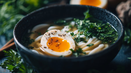 A close-up of a bowl of udon soup with a soft-boiled egg on top, surrounded by fresh herbs and spices, highlighting the rich flavors and comforting texture of the dish.の素材