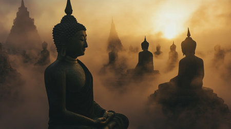 A captivating shot of multiple Buddha statues in silhouette, creating a serene scene with soft fog rolling in the background, evoking a sense of tranquility and contemplation.の素材