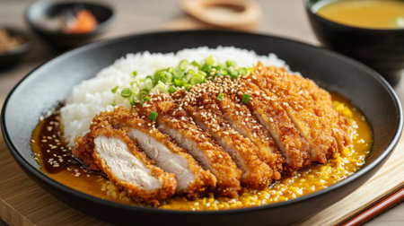 A beautifully plated serving of curry rice with crispy chicken katsu on top, garnished with a sprinkle of sesame seeds and green onions, served alongside a small bowl of miso soupの素材